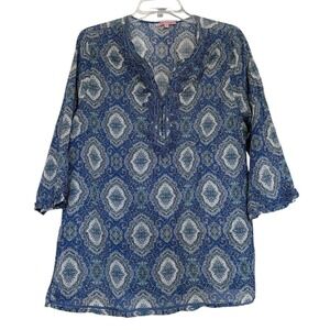 Rose & Rhyme Blue Paisley Medallion Crochet Trim Split Neck Tunic Top 1X Mens